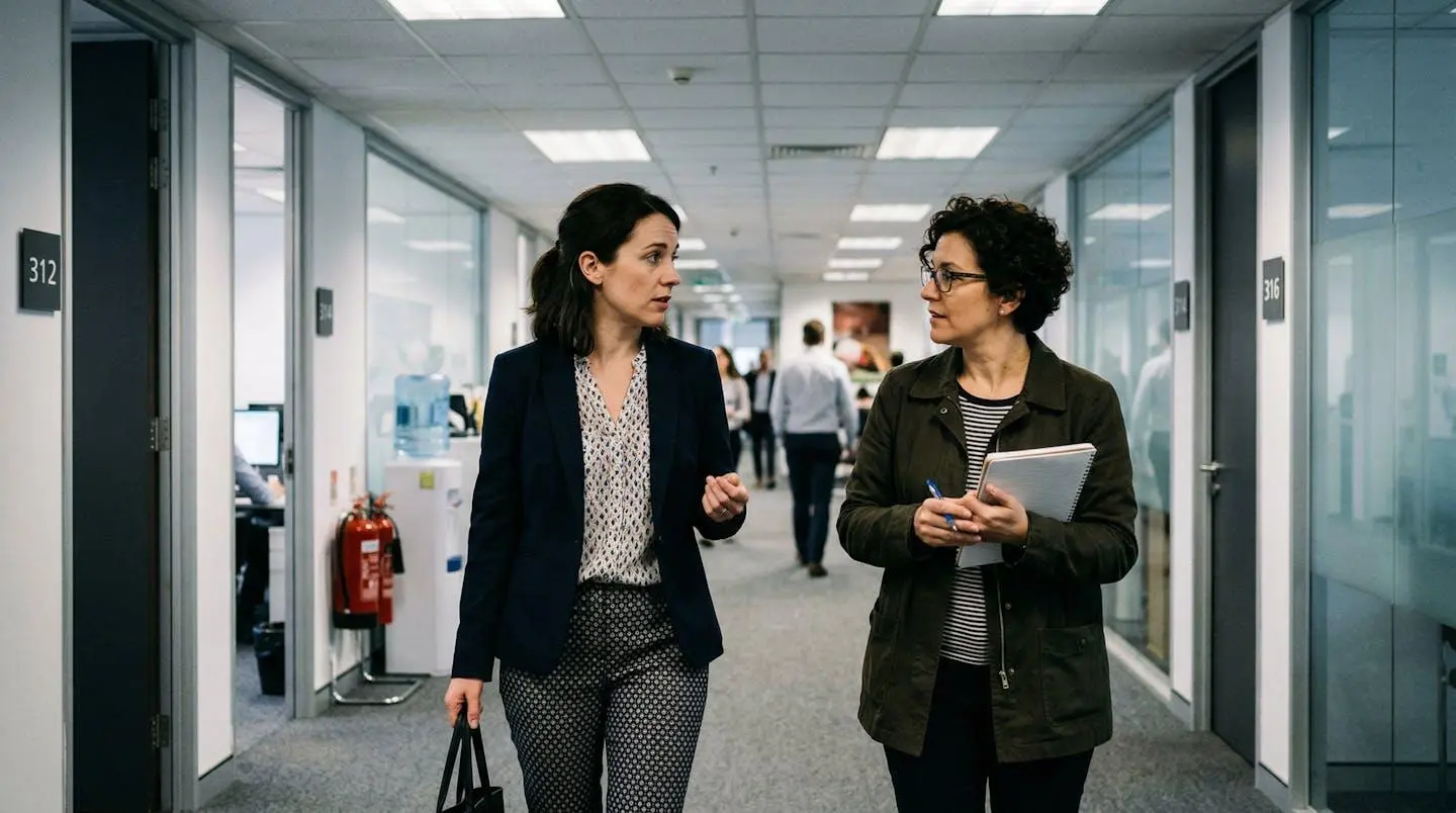 Deux collègues discutent dans un couloir de bureau aux murs blancs, attitude préoccupée mais solidaire, éclairage fluorescent