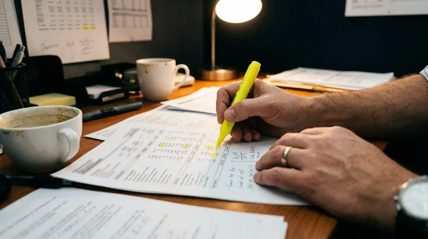 Mains annotant un document avec un surligneur jaune, chiffres visibles en arrière-plan flouté