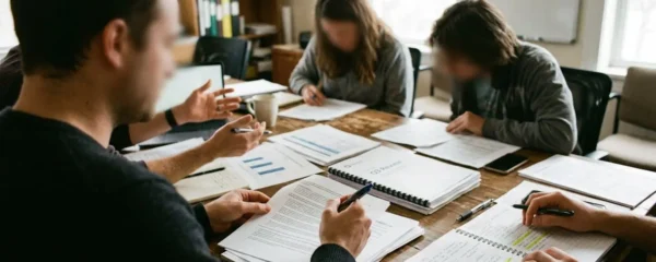 Élus du CSE consultent des documents lors d'une réunion, vue par-dessus l'épaule dans une salle aux couleurs neutres