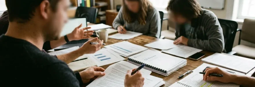Élus du CSE consultent des documents lors d'une réunion, vue par-dessus l'épaule dans une salle aux couleurs neutres